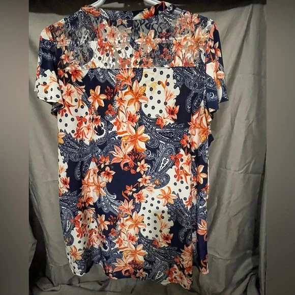 Cocomo Women's Tunic Blouse Plus 1X Floral Paisley Pleated Stretch Short Sleeve - Picture 7 of 7